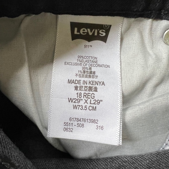 Levi 511 Youth Slim Fit Black Denim Jeans, Size 18 Regular - Picture 9 of 9